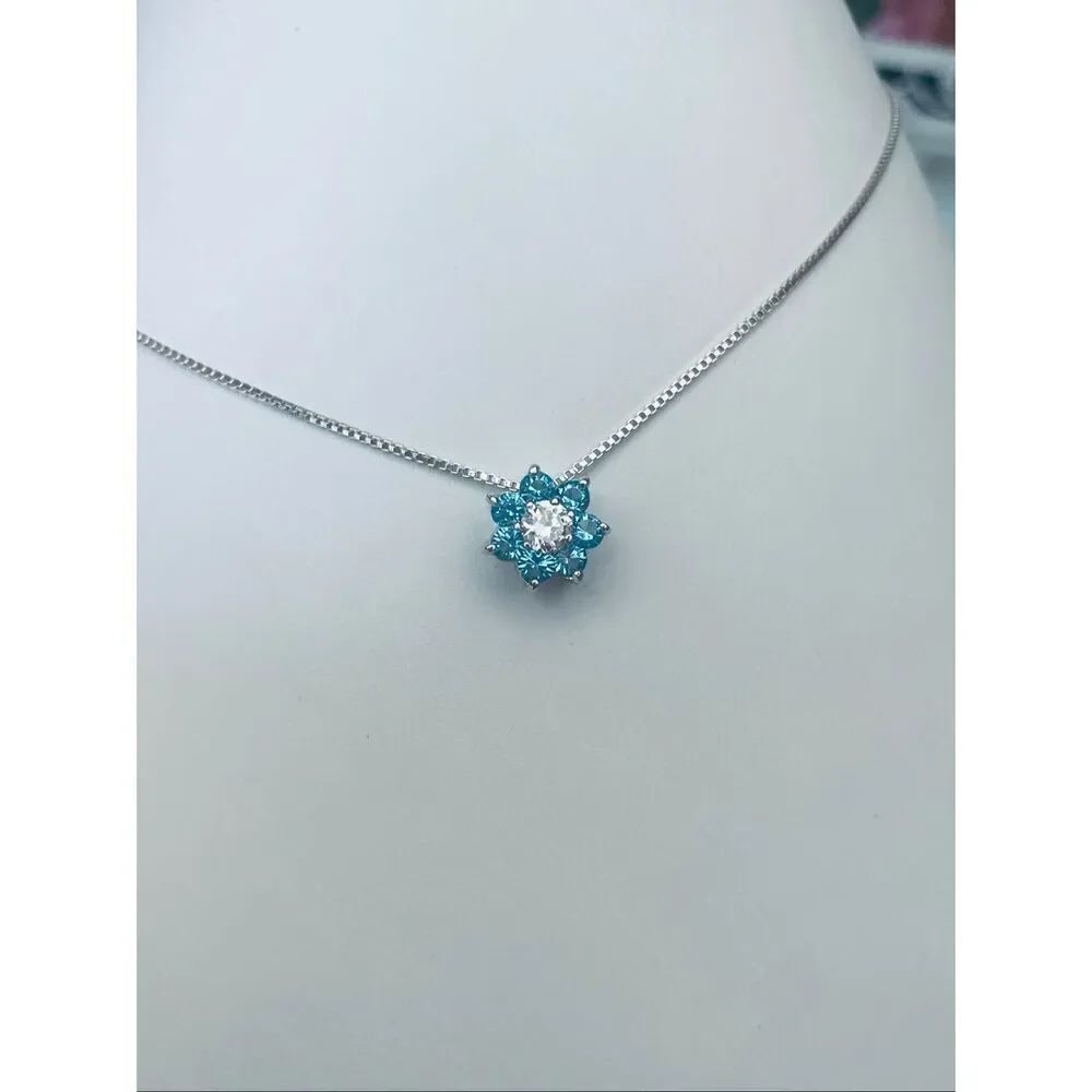 .925 Vintage Aquamarine Flower with Sterling Silver Box Chain #italy #March
